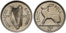 MS64 | Ireland, Republic, Threepence, 1935, harp dividing legend and date, legend surrounding, rev. hare crouched left, value in exergue, 3.24g (S.663...