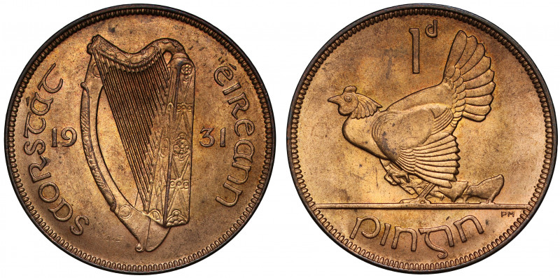 MS65 RB | Ireland, Republic, Penny, 1931, harp dividing legend and date, legend ...