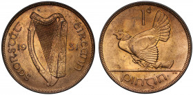 MS65 RB | Ireland, Republic, Penny, 1931, harp dividing legend and date, legend surrounding, rev. hen with chicks left, value above, 9.39g (S.6643). L...