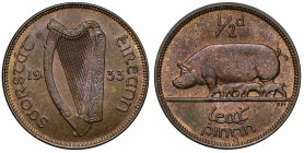 MS65 RB | Ireland, Republic, Halfpenny, 1933, harp dividing date, legend surrounding, rev. sow with piglets left, value above, 5.60g (S.6644). Lustrou...