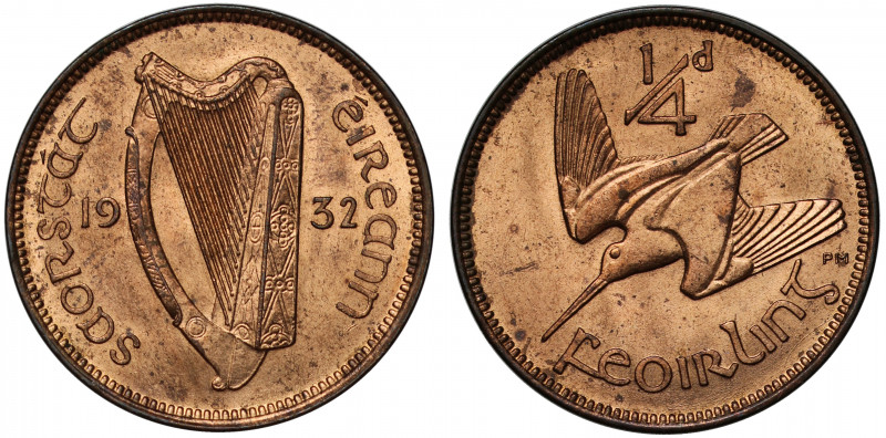 MS64 RB | Ireland, Republic, Farthing, 1932, harp dividing legend and date, lege...