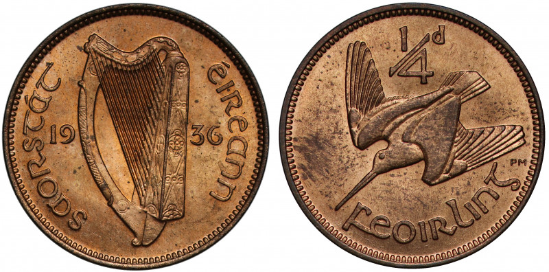 MS65 RB | Ireland, Republic, Farthing, 1936, harp dividing legend and date, éire...