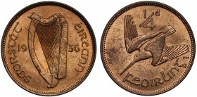 MS65 RB | Ireland, Republic, Farthing, 1936, harp dividing legend and date, éire, rev. woodcock diving left, value above, 2.80g (S.6645). Lustrous, gr...