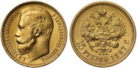 Russia, Nicholas II (1894-1917), gold 15 Roubles, 1897 AT, St. Petersburg mint, head left, Cyrillic legend surrounding, rev. heraldic eagle, date and ...