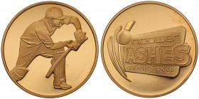 Cricket, The npower Ashes Series 2009, gold commemorative Medal by Robert Evans, issued by The Royal Mint, cricketer with bat drawn back preparing to ...