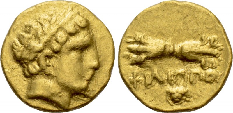 KINGS OF MACEDON. Philip II (359-336 BC). GOLD 1/12 Stater. Pella. 

Obv: Laur...