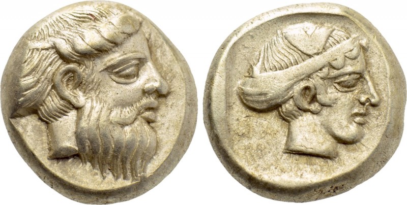 LESBOS. Mytilene. EL Hekte (Circa 454-428/7 BC).

Obv: Bearded head of Priapos...