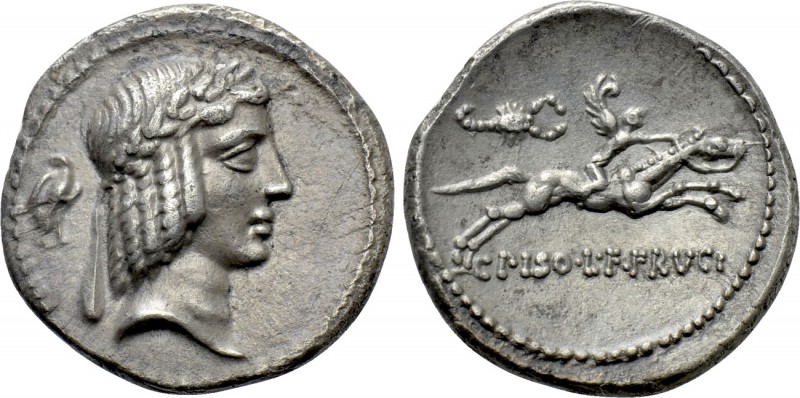 C. PISO L.F. FRUGI. Denarius (61 BC). Rome.

Obv: Head of Apollo left, wearing...