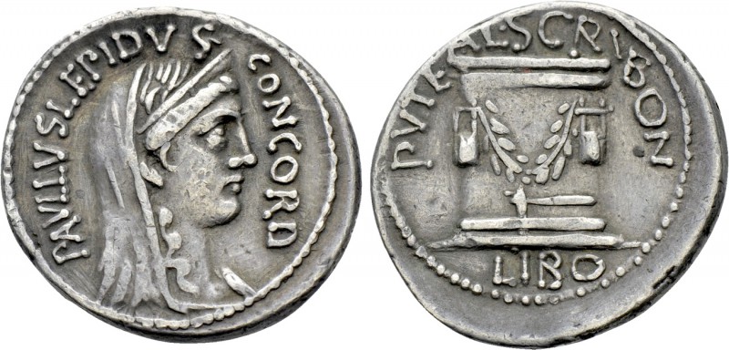 L. AEMILIUS LEPIDUS PAULLUS and L. SCRIBONIUS LIBO. Denarius (62 BC). Rome. 

...