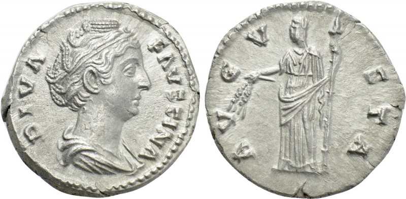 DIVA FAUSTINA I (Died 140/1). Denarius. Rome. 

Obv: DIVA FAVSTINA. 
Draped b...