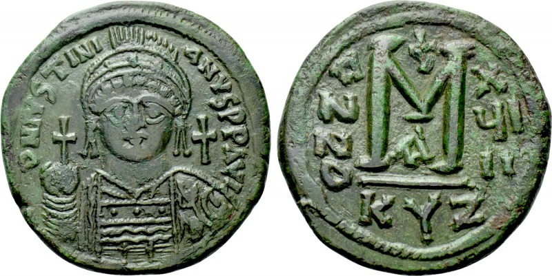 JUSTINIAN I (527-565). Follis. Cyzicus. Dated RY 18 (544/5). 

Obv: D N IVSTIN...