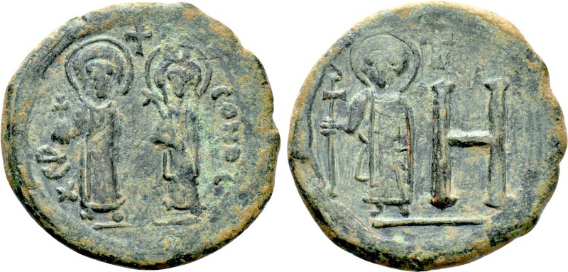 MAURICE TIBERIUS with CONSTANTIA and THEODOSIUS (582-602). Follis or 8 Pentanumm...