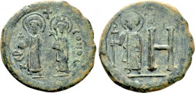 MAURICE TIBERIUS with CONSTANTIA and THEODOSIUS (582-602). Follis or 8 Pentanummia. Cherson.