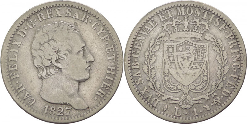 Regno di Sardegna - Carlo Felice (1821-1831) - 1 Lira 1827 Torino - Mont.95 - Ag...