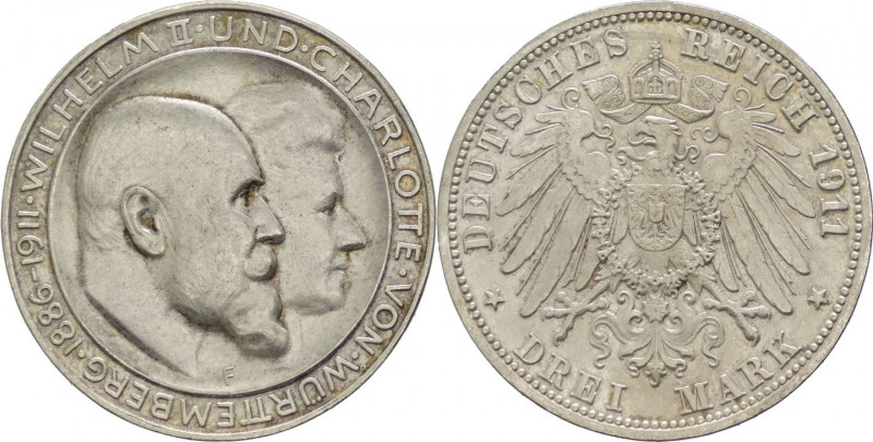 Germania - Regno di Württemberg - Guglielmo II (1891-1918) - 3 Marchi 1911 F - 2...