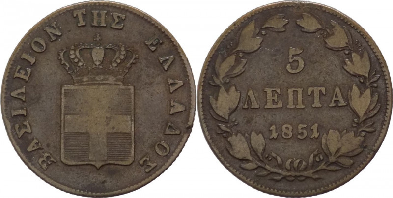 Grecia - Ottone (1832-1862) - 5 lepta 1851 - KM# 32 - Cu 

BB 

SPEDIZIONE S...