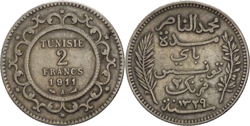 Tunisia - Muhammad V (1906-1922) - 2 franchi 1911 AH 1329 (1911) - KM# 239 - Ag...