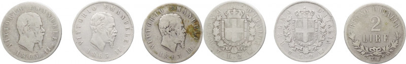 Regno d'Italia - Vittorio Emanuele II (1861-1878) - Lotto di 3 monete: 2 Lire "S...