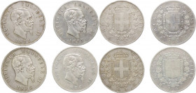 Regno d'Italia - Vittorio Emanuele II (1861-1878) - Lotto di 4 monete da 5 Lire 1871 Milano ; 5 Lire 1874 Milano ; 5 Lire 1875 Milano ; 5 Lire 1876 Ro...