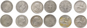 Regno d'Italia - Lotto di 6 monete - Vittorio Emanuele II (1861-1878) - 2 Lire 1863 zecca di Napoli - Umberto I (1878-1900) - 2 Lire 1881 - Vittorio E...