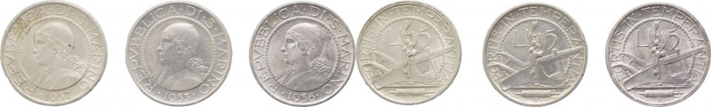 San Marino - Lotto di 6 monete da 5 lire 1933 - 1936 - 1937 - Ag

med.SPL

S...