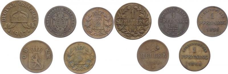 Germania - lotto di 5 monete: 2 heller 1850; 1 pfenning 1858; 1 pfennig 1862; 1 ...