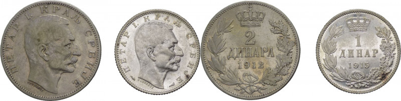 Serbia - Petar I (1903-1918) - lotto di 2 monete da 2 dinara 1912 e 1 dinar 1915...