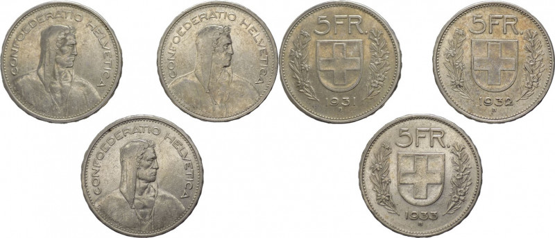 Svizzera - Lotto di 3 monete da 5 franchi 1931, 1932, 1933 - Ag 

med.mBB 

...