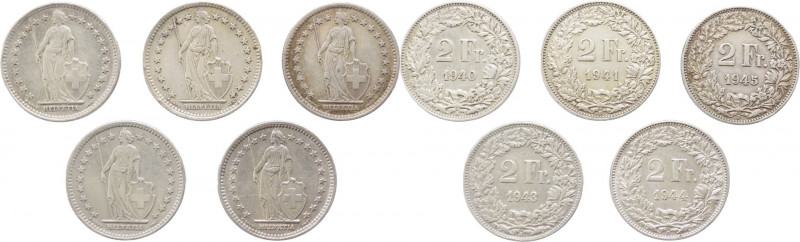 Svizzera - Confederazione Elvetica - Lotto di 5 monete: 2 Franchi 1940; 2 Franch...