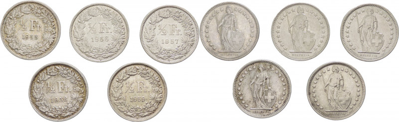 Svizzera - Confederazione Elvetica - Lotto di 5 monete: 1/2 franco 1955; 1/2 fra...