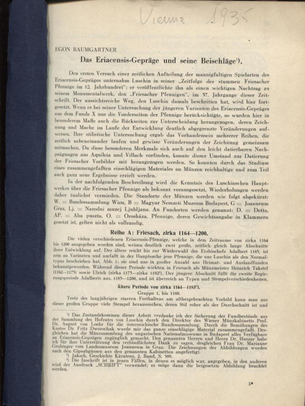 BAUMGARTNER E. - Das Eriacensis-geprage und seine Beischlage?. Vienna, 1935. Pp....