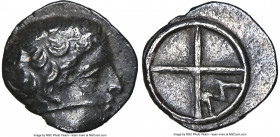 GAUL. Massalia. Ca. 410-380 BC. AR obol (9mm, 5h). NGC Choice XF. MAΣΣAΛI, head of Apollo right. / Wheel with four spokes; M in one quarter. Chevillon...