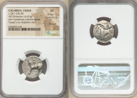CALABRIA. Tarentum. Ca. 281-240 BC. AR didrachm or stater (21mm,6.47gm 6h). NGC XF 5/5 - 3/5, brushed. De-, Sy- and Lykinos, magistrates. Nude youth o...