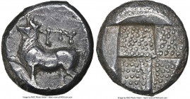 THRACE. Byzantium. Ca. 387-340 BC. AR siglos or drachm (14mm). NGC XF, scratches. Chian standard. ΠY, bull standing left on dolphin left, right forele...