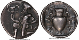 THRACIAN ISLANDS. Thasos. Ca. 412-300 BC. AR trihemiobol (12mm, 3h). NGC Choice VF. Satyr kneeling left, holding kylix; grasshopper to left / ΘΑΣ-ΙΩΝ,...