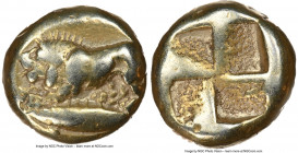 MYSIA. Cyzicus. Ca. 500-450 BC. EL sixth-stater or hecte (10mm, 2.61 gm). NGC Choice Fine 5/5 - 4/5. Ca. 480 BC. Lion crouched left on tunny fish left...