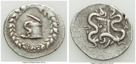 MYSIA. Pergamum. Ca. 180/167-133 BC. AR cistophorus (30mm, 12.53 gm, 11h). Fine. Ca. 160-150 BC. Serpent emerging from cista mystica; all within ivy w...