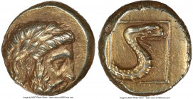 LESBOS. Mytilene. Ca. 377-326 BC. EL sixth-stater or hecte (11mm, 2.55 gm, 11h). NGC Choice XF 3/5 - 4/5. Laureate head of Zeus right / Serpent forepa...