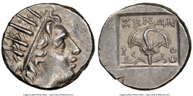CARIAN ISLANDS. Rhodes. Ca. 88-84 BC. AR drachm (14mm, 12h). NGC Choice AU. Plinthophoric standard, Zenon, magistrate. Radiate head of Helios right / ...