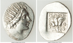 CARIAN ISLANDS. Rhodes. Ca. 88-84 BC. AR drachm (18mm, 2.23 gm, 11h). XF. Plinthophoric standard, Maes, magistrate. Radiate head of Helios right / MAH...