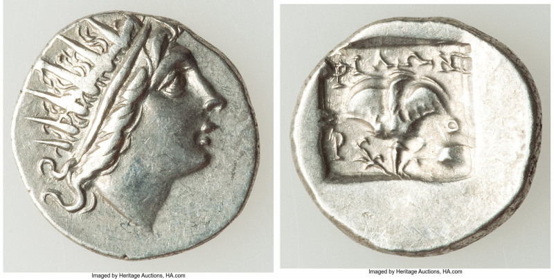 CARIAN ISLANDS. Rhodes. Ca. 88-84 BC. AR drachm (16mm, 2.72 gm, 11h). XF. Plinth...