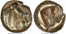 LYDIAN KINGDOM. Alyattes or Walwet (ca. 610-546 BC). EL 1/12 stater or hemihecte (7mm, 1.17 gm). NGC XF 4/5 - 3/5, countermarks, marks. Sardes mint. H...