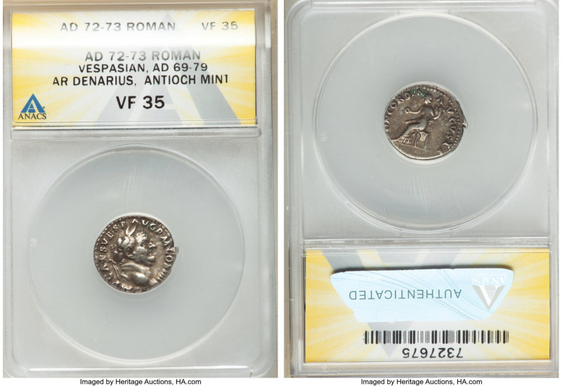 Vespasian (AD 69-79). AR denarius (18mm, 6h). ANACS VF 35. Antioch, AD 72-73. IM...