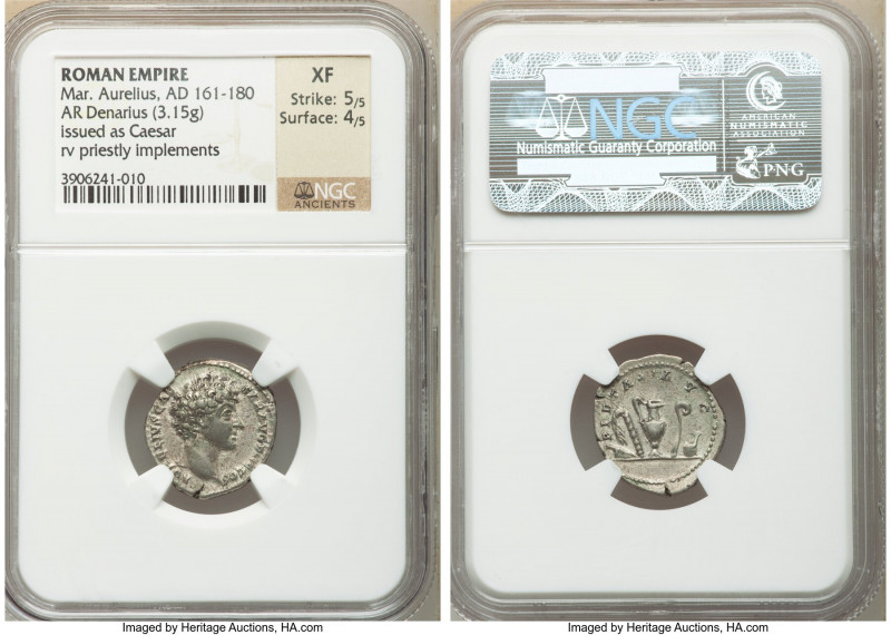 Marcus Aurelius, as Caesar (AD 161-180). AR denarius (19mm, 3.15 gm, 12h). NGC X...