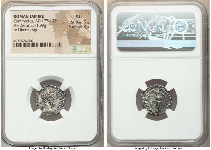 Commodus, as Augustus (AD 177-192). AR denarius (18mm, 1.99 gm, 12h). NGC AU 5/5...