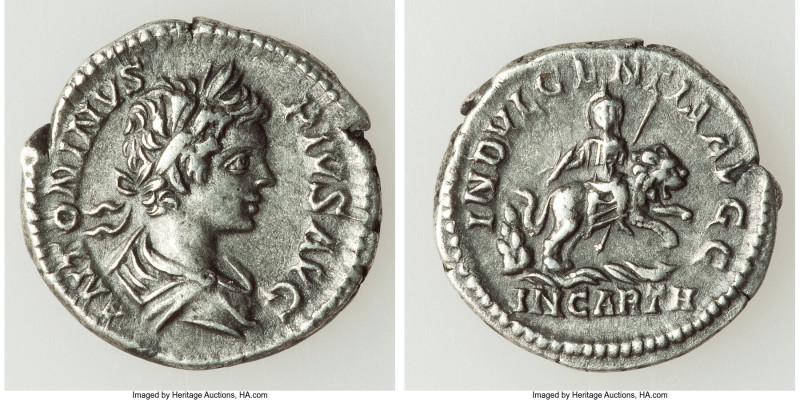 Caracalla, as Augustus (AD 198-217). AR denarius (18mm, 3.16 gm, 11h). XF. Rome,...