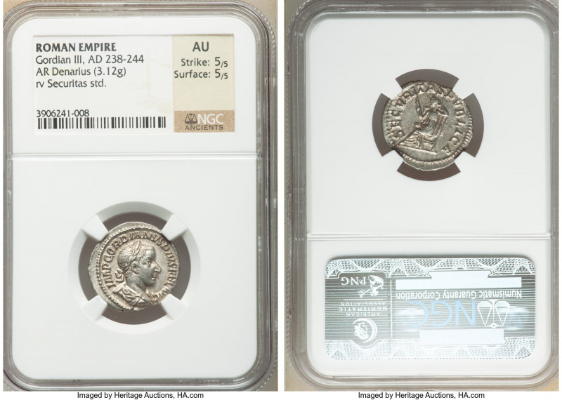 Gordian III (AD 238-244). AR denarius (20mm, 3.12 gm, 6h). NGC AU 5/5 - 5/5. Rom...