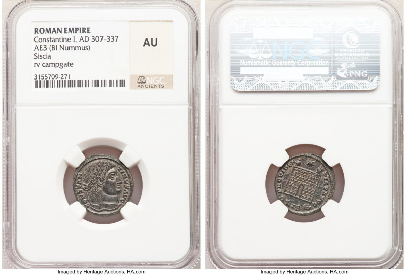 Constantine I the Great (AD 307-337). AE3 or BI nummus (19mm, 1h). NGC AU. Sisci...