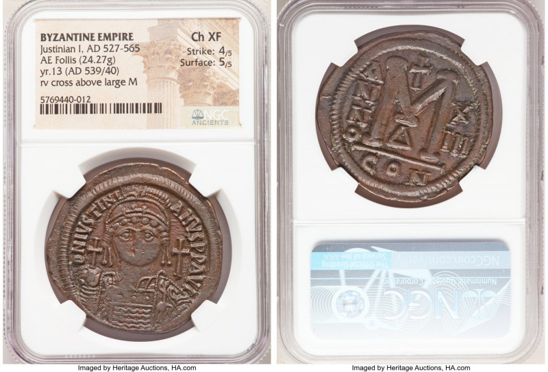 Justinian I (AD 527-565). AE follis or 40 nummi (39mm, 24.27 gm, 7h). NGC Choice...