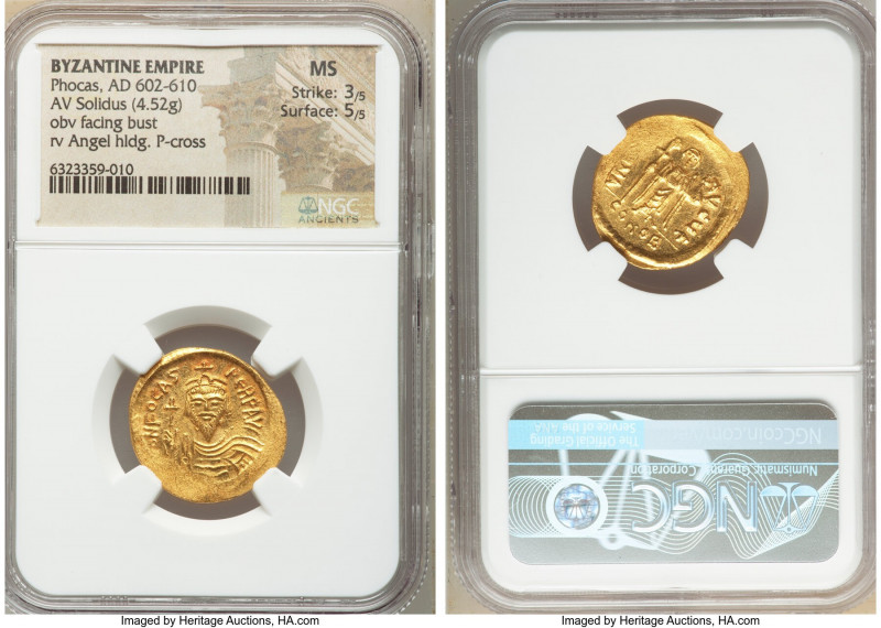 Phocas (AD 602-610). AV solidus (22mm, 4.52 gm, 7h). NGC MS 3/5 - 5/5. Constanti...